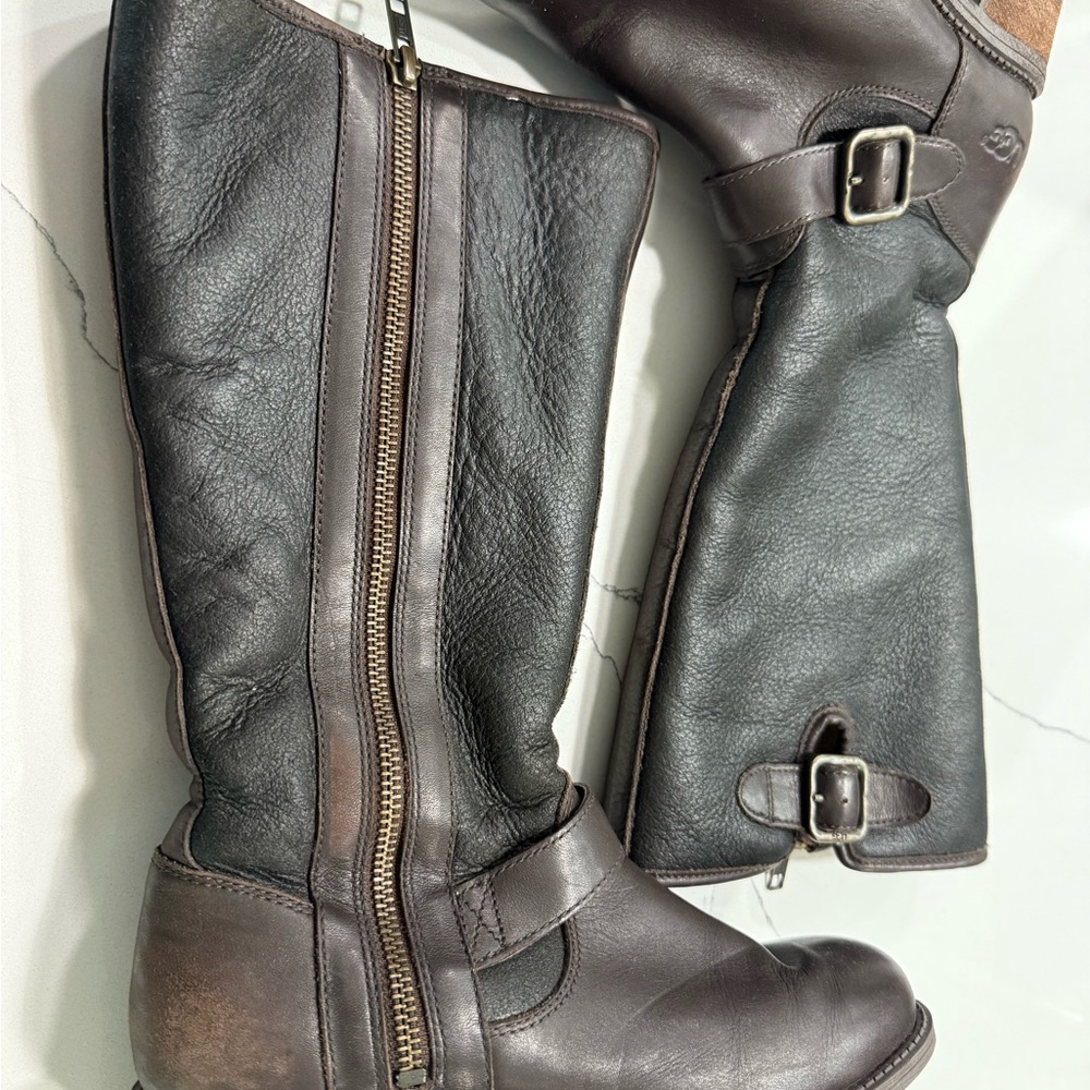 UGG Brown and Black Leather Riding Boots - Picture 2 of 5